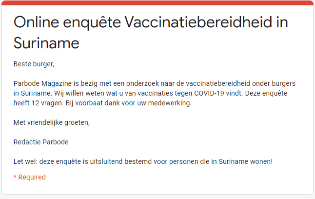 Online enquête Vaccinatiebereidheid in Suriname